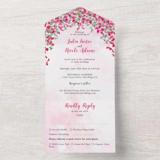 Roze Bougainvillea Tropisch Bos Trouwdouche All In One Uitnodiging (Binnen)