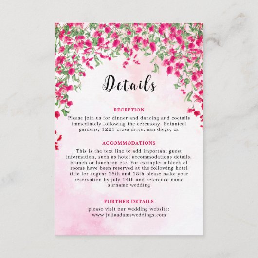 Roze Bougainvillea Tropisch Bos Trouwdouche Informatiekaartje (Voorkant)