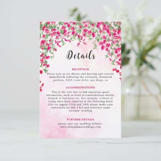 Roze Bougainvillea Tropisch Bos Trouwdouche Informatiekaartje (Staand voorkant)