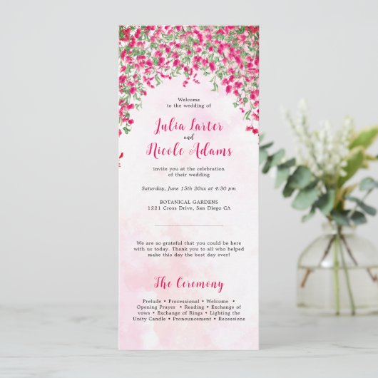 Roze Bougainvillea Tropisch Bos Trouwdouche Programmakaart (Staand voorkant)