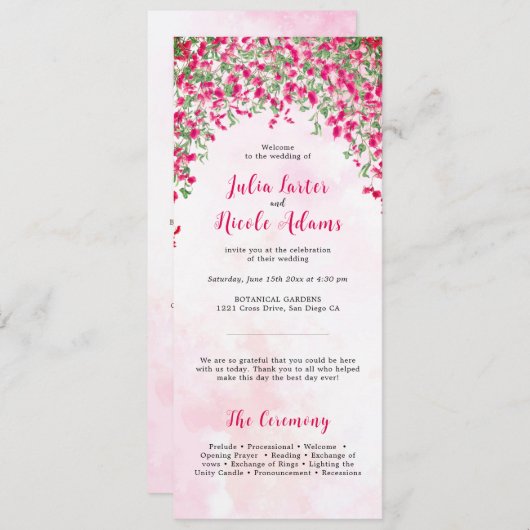 Roze Bougainvillea Tropisch Bos Trouwdouche Programmakaart (Voorkant / Achterkant)