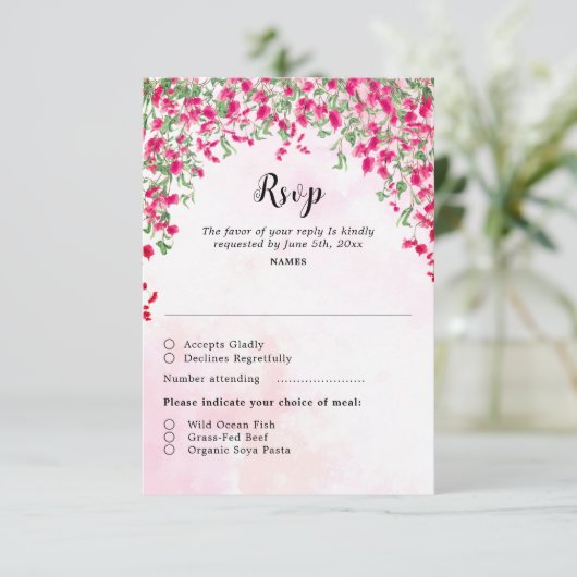 Roze Bougainvillea Tropisch Bos Trouwdouche RSVP Kaartje (Staand voorkant)