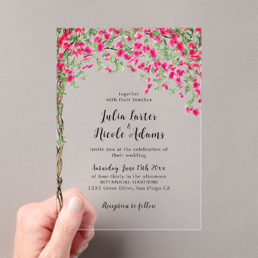 Roze Bougainvillea Tropisch Woud Huwelijk Acryl Uitnodigingen (Insitu (Draagbaar))