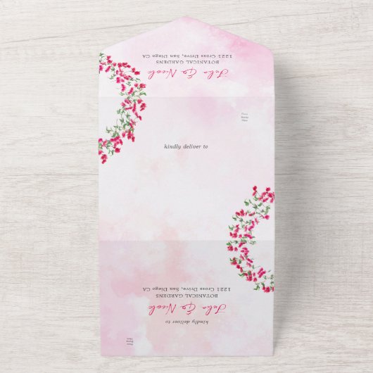 Roze Bougainvillea Tropisch Woud Krans Trouwen All In One Uitnodiging (Buitenkant)