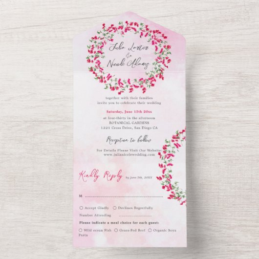 Roze Bougainvillea Tropisch Woud Krans Trouwen All In One Uitnodiging (Binnen)