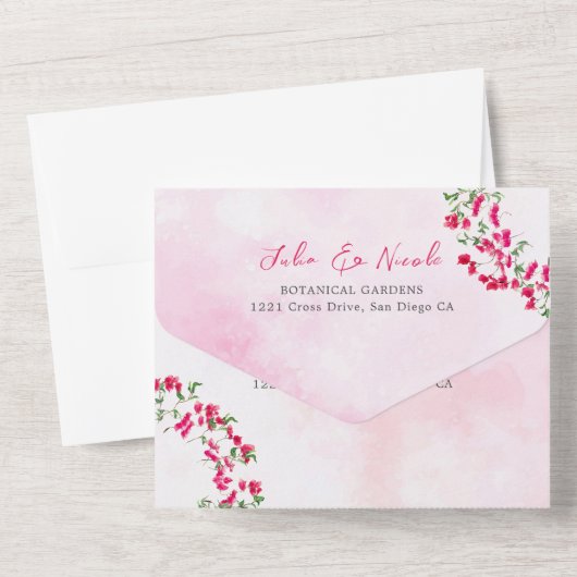 Roze Bougainvillea Tropisch Woud Krans Trouwen All In One Uitnodiging (Achterkant)