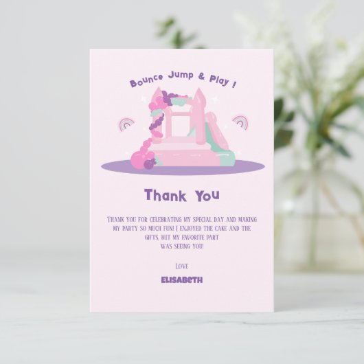 Roze Bounce House Kasteel Verjaardag Bedankkaart (Staand voorkant)