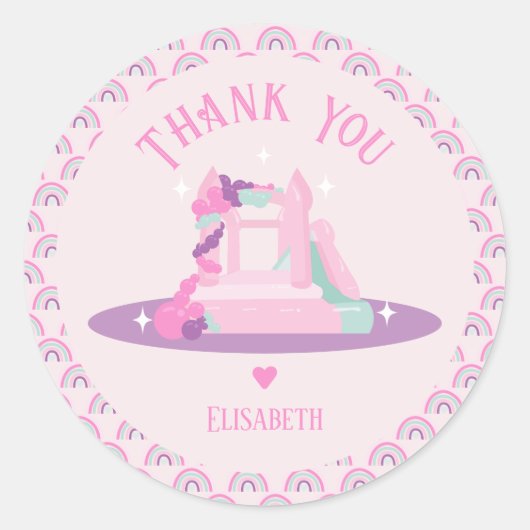 Roze Bounce House Kasteel Verjaardag Ronde Sticker (Voorkant)