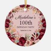 Roze Bourgogne Bloemen 100e Verjaardag Keepsake Keramisch Ornament (Voorkant)