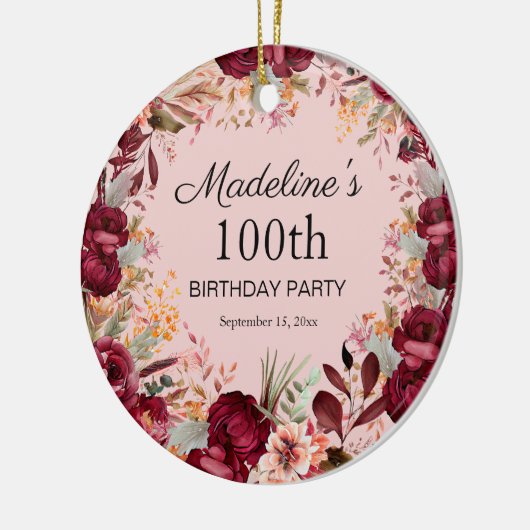 Roze Bourgogne Bloemen 100e Verjaardag Keepsake Keramisch Ornament (Links)