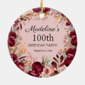 Roze Bourgogne Bloemen 100e Verjaardag Keepsake Keramisch Ornament (Achterkant)