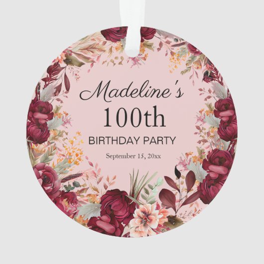 Roze Bourgogne Bloemen 100e Verjaardag Keepsake Ornament (achterkant)