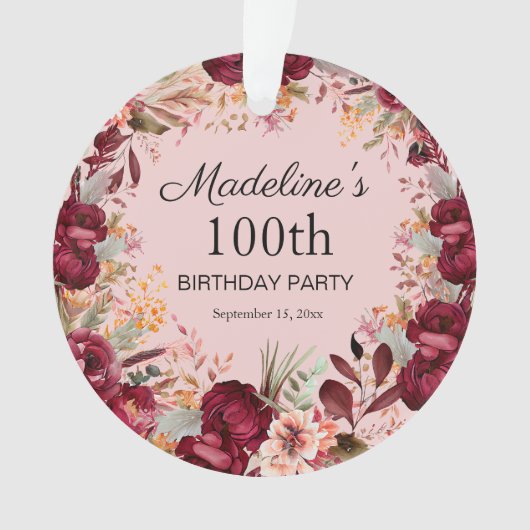 Roze Bourgogne Bloemen 100e Verjaardag Keepsake Ornament (voorkant)