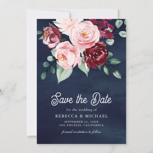 Roze Bourgogne Bloemen Foto Marine Blauw Huwelijk Save The Date (Voorkant)