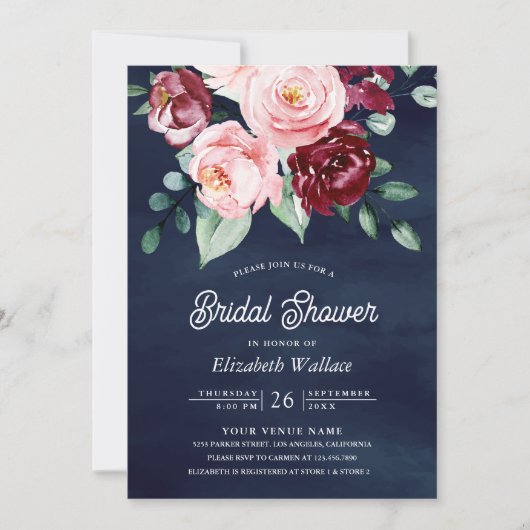 Roze Bourgogne Bloemen Foto Navy Blue Vrijgezellen Kaart (Voorkant)