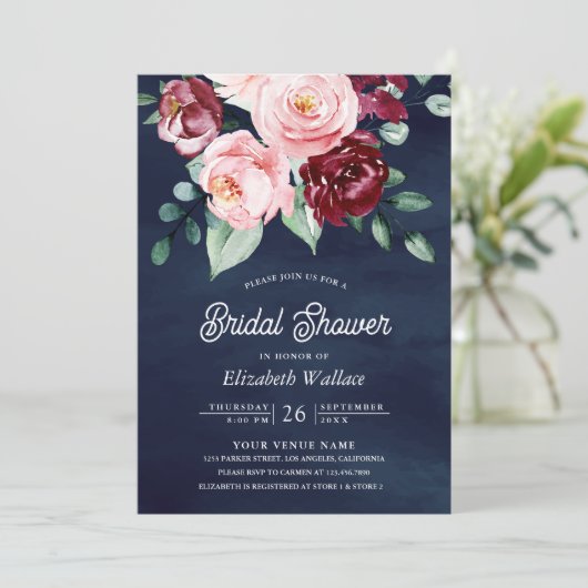 Roze Bourgogne Bloemen Foto Navy Blue Vrijgezellen Kaart (Staand voorkant)