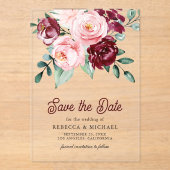 Roze Bourgogne Bloemen Huwelijk Save the Date Acryl Uitnodigingen (Voorkant)