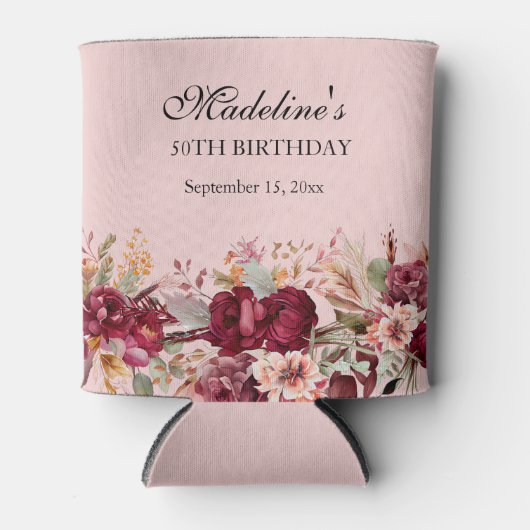 Roze Bourgogne Bloemen Vrouwen 50e Verjaardag Blikjeskoeler (Voorkant)