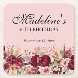 Roze Bourgogne Bloemen Vrouwen 50e Verjaardag Kartonnen Onderzetters