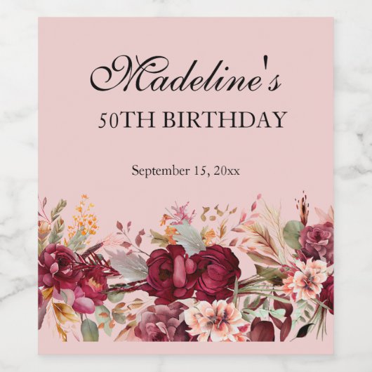 Roze Bourgogne Bloemen Vrouwen 50e Verjaardag Wijn Etiket (Enkel label)