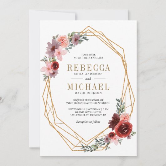 Roze Bourgogne Bloemengoud Alles in één bruiloft Kaart (Voorkant)