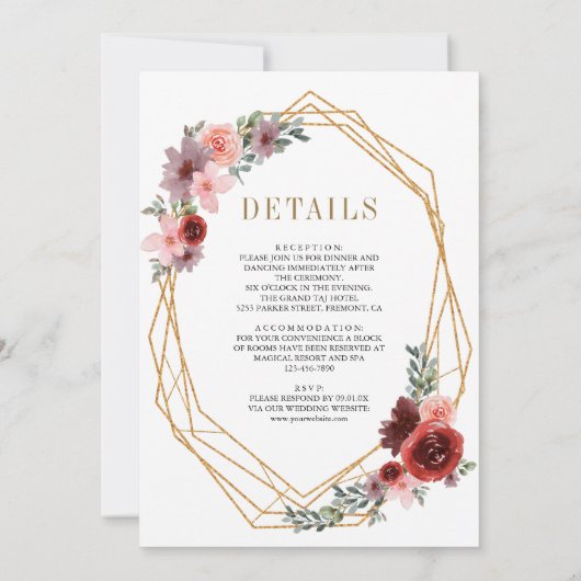 Roze Bourgogne Bloemengoud Alles in één bruiloft Kaart (Achterkant)