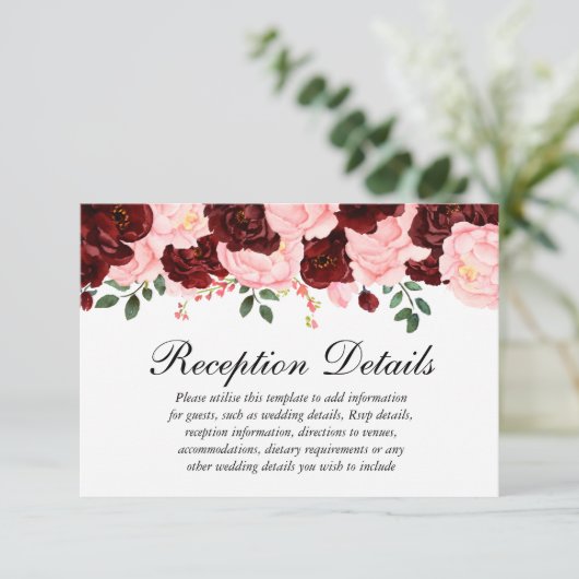 Roze Bourgogne Bloemige Trouwreceptie details Kaart (Staand voorkant)