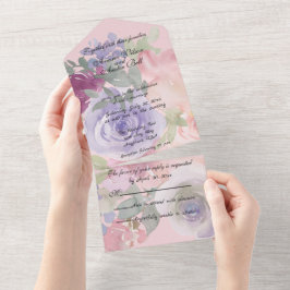 Roze Bourgogne en Blauwe Aquarel Bloemen All In One Uitnodiging
