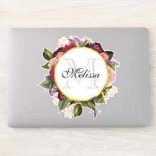Roze Bourgogne en groene bloemen Monogram Sticker