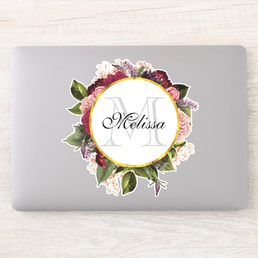 Roze Bourgogne en groene bloemen Monogram Sticker (Computer)