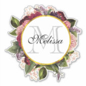Roze Bourgogne en groene bloemen Monogram Sticker (Voorkant)