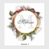 Roze Bourgogne en groene bloemen Monogram Sticker (Vel)