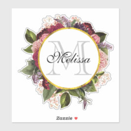 Roze Bourgogne en groene bloemen Monogram Sticker