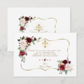 Roze Bourgogne Floral Gold Cross bevestiging Bedankkaart (Voorkant / Achterkant)
