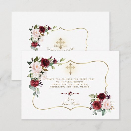 Roze Bourgogne Floral Gold Cross bevestiging Bedankkaart (Voorkant / Achterkant)