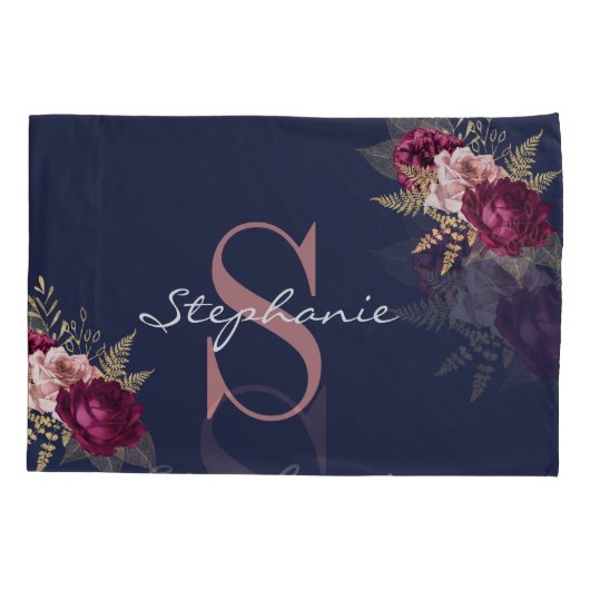 Roze Bourgogne Floral Monogram Eigen naam Kussensloop (Achterkant)