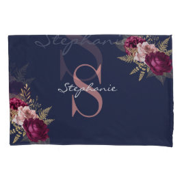 Roze Bourgogne Floral Monogram Eigen naam Kussensloop