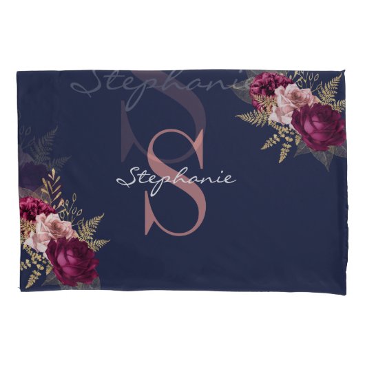 Roze Bourgogne Floral Monogram Eigen naam Kussensloop (Voorkant)