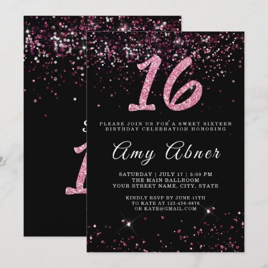 Roze Bourgogne Glitter Sparkles 16 Birthday Kaart (Voorkant / Achterkant)