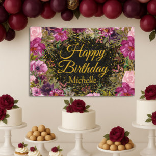 Roze Bourgogne Glitter Zwarte Gelukkige Verjaardag Spandoek