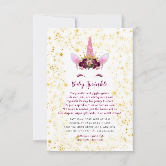 Roze Bourgogne Gouden Eenhoorn Baby Sprinkle Kaart (Voorkant)