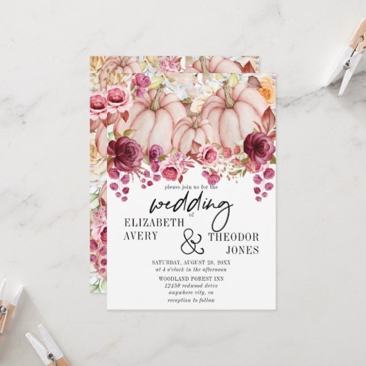 Roze Bourgogne herfst bruiloft pompoen bloemen Kaart (Voorkant / Achterkant in situ)