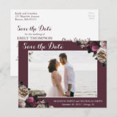 Roze Bourgogne Moody Floral Save the Date Briefkaa Briefkaart (Voorkant / Achterkant)