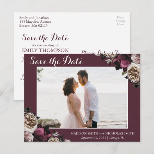 Roze Bourgogne Moody Floral Save the Date Briefkaa Briefkaart (Voorkant / Achterkant)