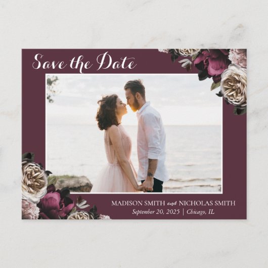 Roze Bourgogne Moody Floral Save the Date Briefkaa Briefkaart (Voorkant)