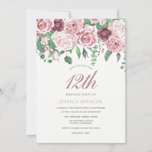 Roze Bourgogne Rozen 12e 13e verjaardag Kaart (Voorkant)