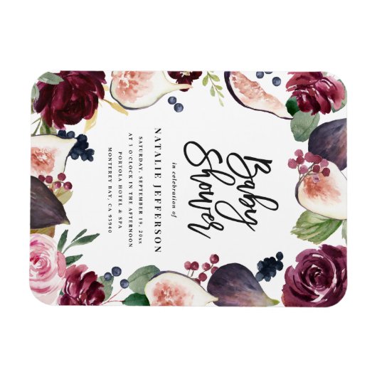 Roze, Bourgogne, + waterverf flora en script Magneet (Horizontaal)