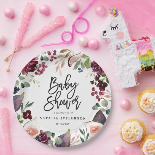 Roze, Bourgogne, + waterverf flora en script Papieren Bordje (Feest)