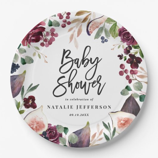 Roze, Bourgogne, + waterverf flora en script Papieren Bordje (Voorkant)