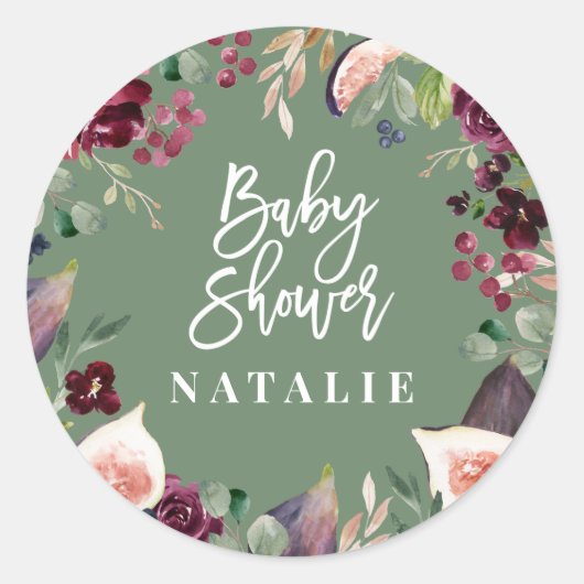 Roze, Bourgogne, + waterverf flora en script Ronde Sticker (Voorkant)